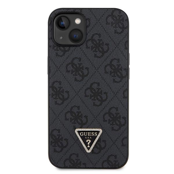 Guess PU 4G Strass Triangle Metal Logo Hátlapi tok iPhone 15 számára, fekete