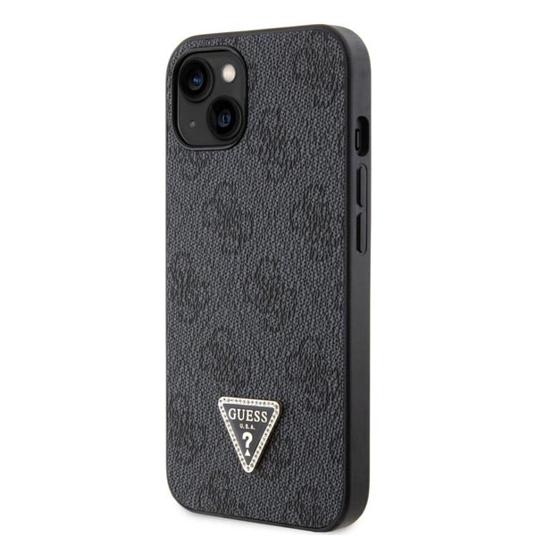 Guess PU 4G Strass Triangle Metal Logo Hátlapi tok iPhone 15 Plus számára, fekete