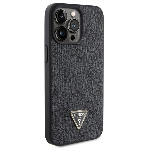 Guess PU 4G Strass Triangle Metal Logo Hátlapi tok iPhone 15 Pro számára, fekete