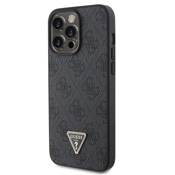 Guess PU 4G Strass Triangle Metal Logo Hátlapi tok iPhone 15 Pro számára, fekete