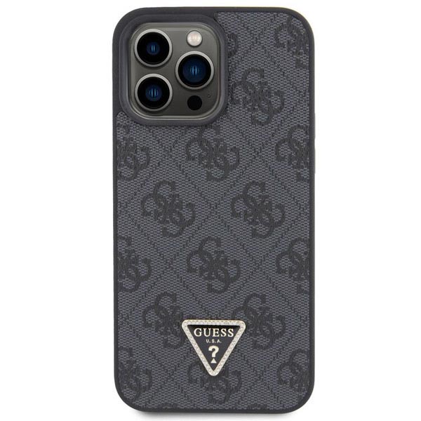 Guess PU 4G Strass Triangle Metal Logo Hátlapi tok iPhone 15 Pro számára, fekete