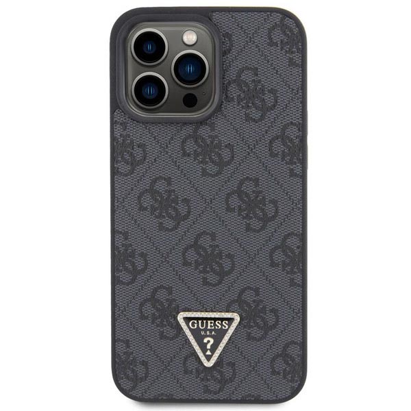 Guess PU 4G Strass Triangle Metal Logo Hátlapi tok iPhone 15 Pro számára, fekete Guess PU 4G Strass Triangle Metal Logo Hátlapi tok iPhone 15 Pro számára, fekete