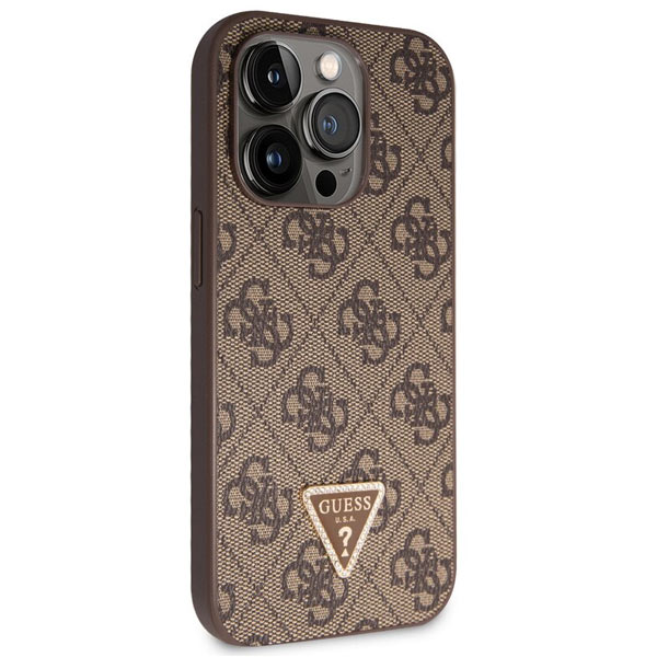 Guess PU 4G Strass Triangle Metal Logo Hátlapi tok iPhone 15 Pro számára, barna