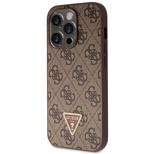 Guess PU 4G Strass Triangle Metal Logo Hátlapi tok iPhone 15 Pro számára, barna