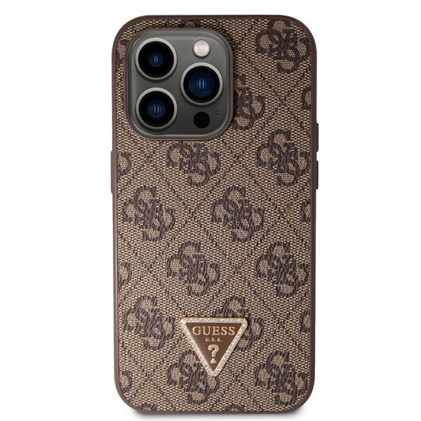 Guess PU 4G Strass Triangle Metal Logo Hátlapi tok iPhone 15 Pro számára, barna