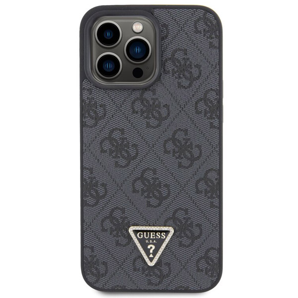 Guess PU 4G Strass Triangle Metal Logo Hátlapi tok iPhone 15 Pro Max számára, fekete