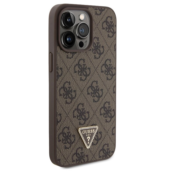 Guess PU 4G Strass Triangle Metal Logo Hátlapi tok iPhone 15 Pro Max számára, barna