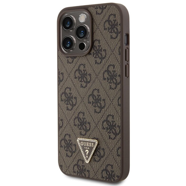 Guess PU 4G Strass Triangle Metal Logo Hátlapi tok iPhone 15 Pro Max számára, barna