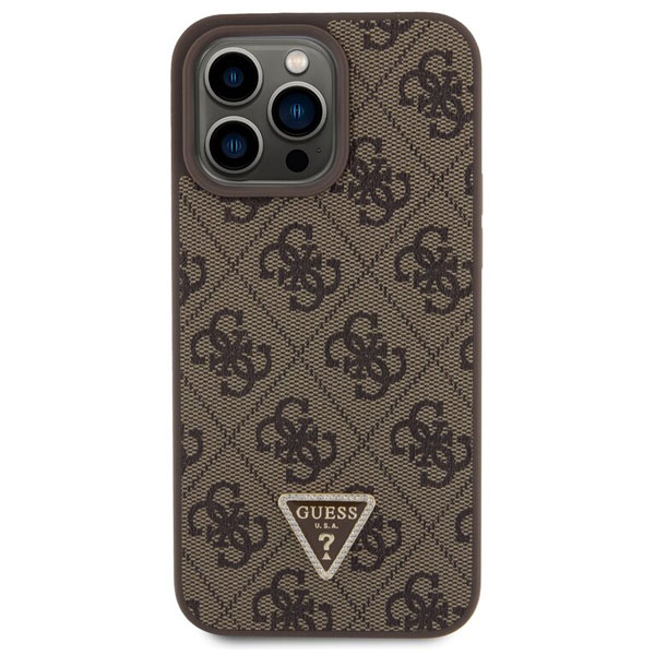 Guess PU 4G Strass Triangle Metal Logo Hátlapi tok iPhone 15 Pro Max számára, barna