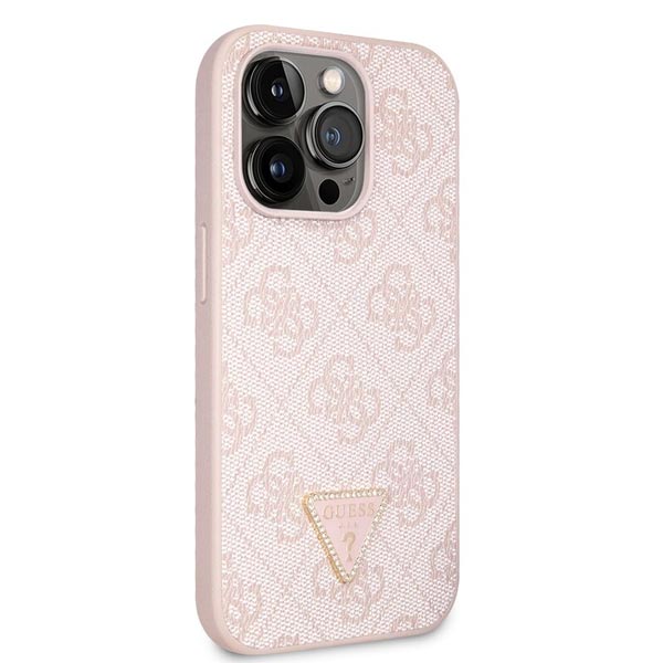 Guess PU 4G Strass Triangle Metal Logo Hátlapi tok iPhone 15 Pro számára, rózsaszín