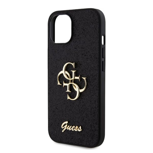 Guess PU Fixed Glitter 4G Metal Logo Hátlapi tok pre iPhone 13, fekete