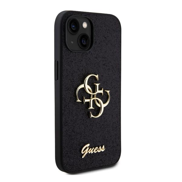 Guess PU Fixed Glitter 4G Metal Logo Hátlapi tok pre iPhone 13, fekete