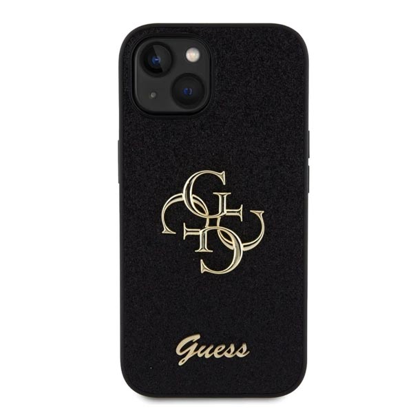 Guess PU Fixed Glitter 4G Metal Logo Hátlapi tok iPhone 15 számára, fekete