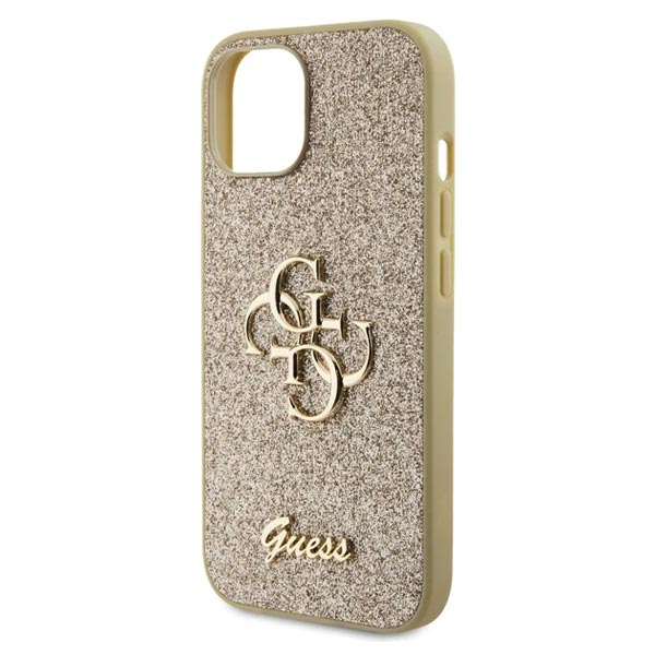 Guess PU Fixed Glitter 4G Metal Logo Hátlapi tok iPhone 15 számára, arany