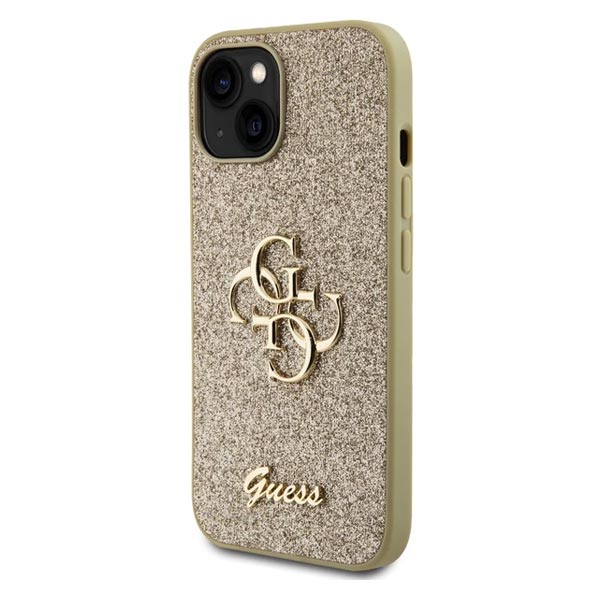 Guess PU Fixed Glitter 4G Metal Logo Hátlapi tok iPhone 15 számára, arany