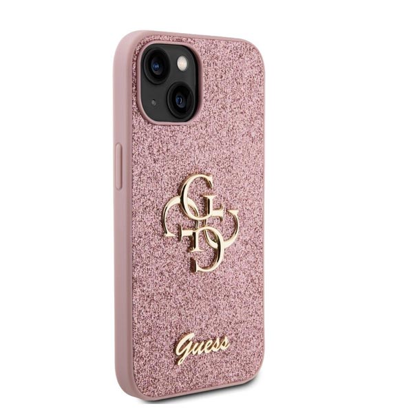 Guess PU Fixed Glitter 4G Metal Logo Hátlapi tok iPhone 15 számára, rózsaszín