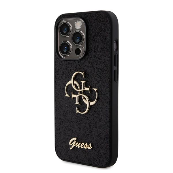 Guess PU Fixed Glitter 4G Metal Logo Hátlapi tok iPhone 15 Pro számára, fekete