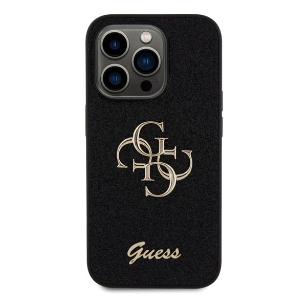 Guess PU Fixed Glitter 4G Metal Logo Hátlapi tok iPhone 15 Pro számára, fekete