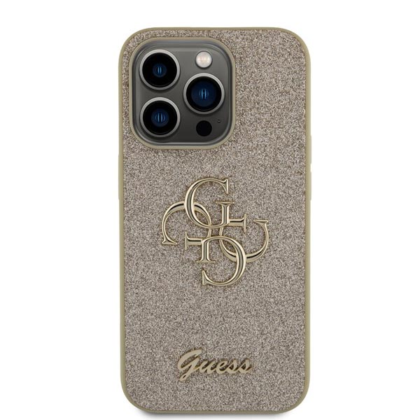 Guess PU Fixed Glitter 4G Metal Logo Hátlapi tok iPhone 15 Pro számára, arany