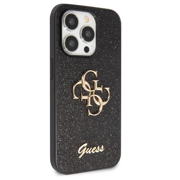 Guess PU Fixed Glitter 4G Metal Logo Hátlapi tok iPhone 15 Pro Max számára, fekete