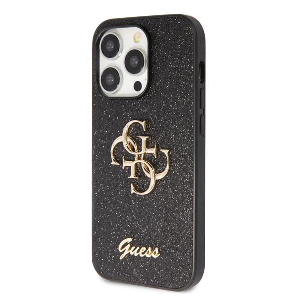 Guess PU Fixed Glitter 4G Metal Logo Hátlapi tok iPhone 15 Pro Max számára, fekete