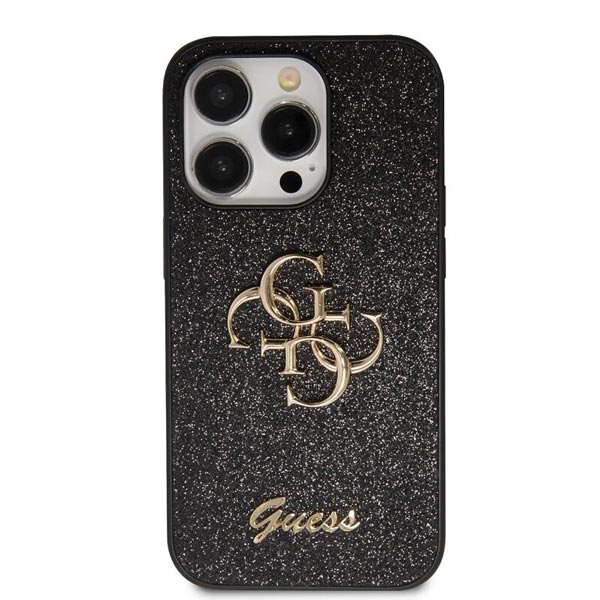 Guess PU Fixed Glitter 4G Metal Logo Hátlapi tok iPhone 15 Pro Max számára, fekete
