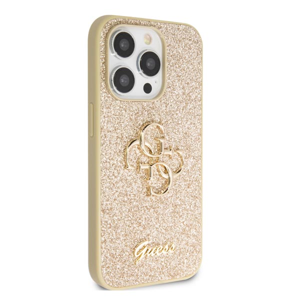 Guess PU Fixed Glitter 4G Metal Logo Hátlapi tok iPhone 15 Pro Max számára, arany
