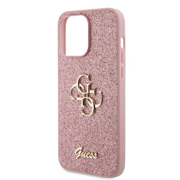 Guess PU Fixed Glitter 4G Metal Logo Hátlapi tok iPhone 15 Pro Max számára, rózsaszín
