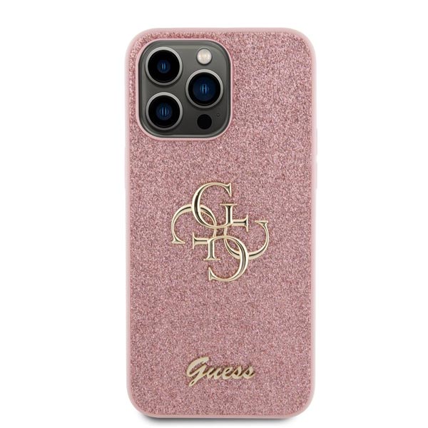 Guess PU Fixed Glitter 4G Metal Logo Hátlapi tok iPhone 15 Pro Max számára, rózsaszín