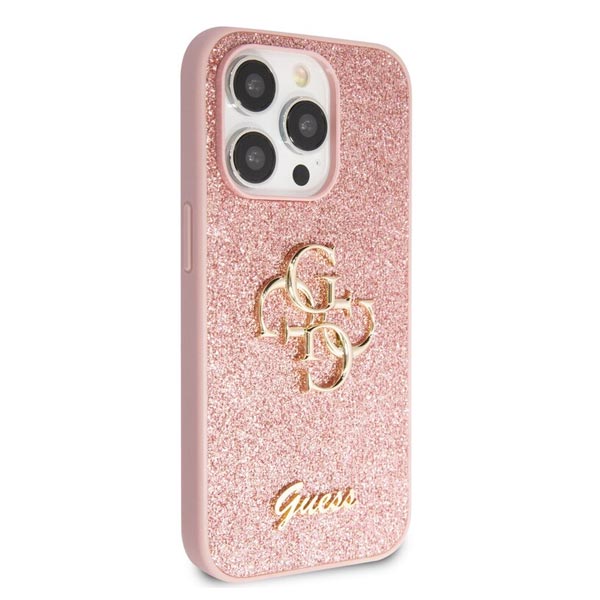 Guess PU Fixed Glitter 4G Metal Logo Hátlapi tok iPhone 15 Pro számára, rózsaszín Guess PU Fixed Glitter 4G Metal Logo Hátlapi tok iPhone 15 Pro számára, rózsaszín