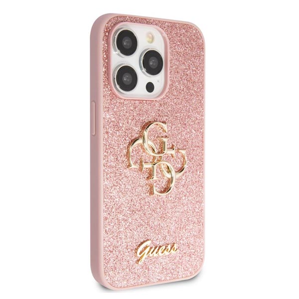 Guess PU Fixed Glitter 4G Metal Logo Hátlapi tok iPhone 15 Pro számára, rózsaszín