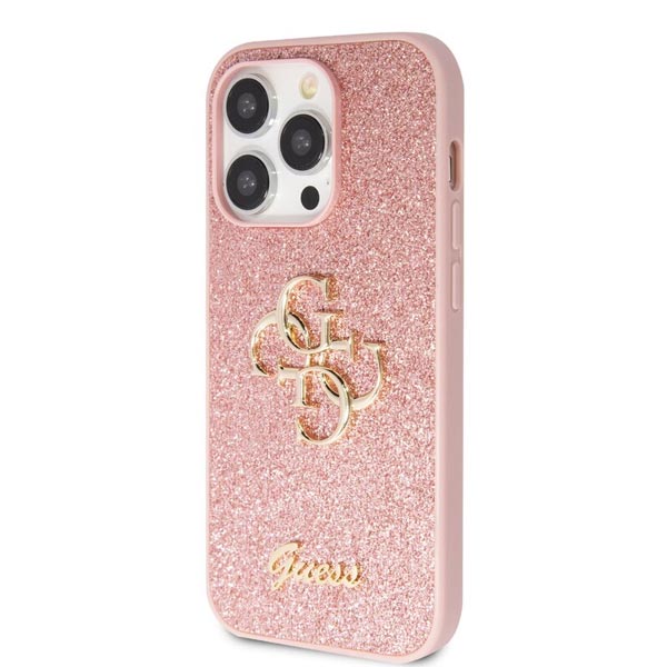 Guess PU Fixed Glitter 4G Metal Logo Hátlapi tok iPhone 15 Pro számára, rózsaszín