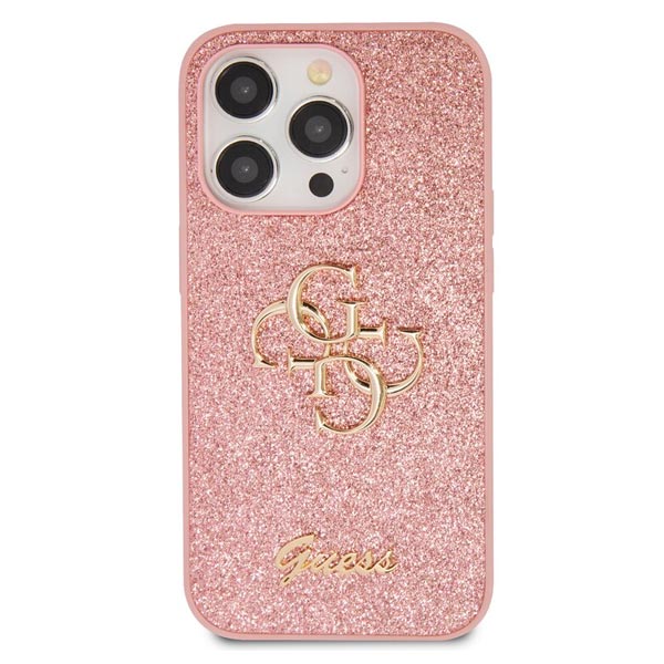 Guess PU Fixed Glitter 4G Metal Logo Hátlapi tok iPhone 15 Pro számára, rózsaszín