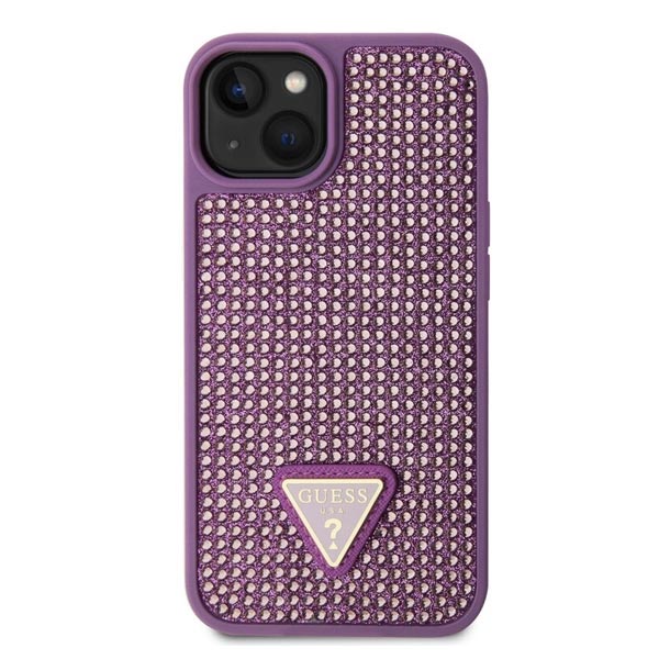 Guess Rhinestones Triangle Metal Logo Tok iPhone 15 Plus számára, lila