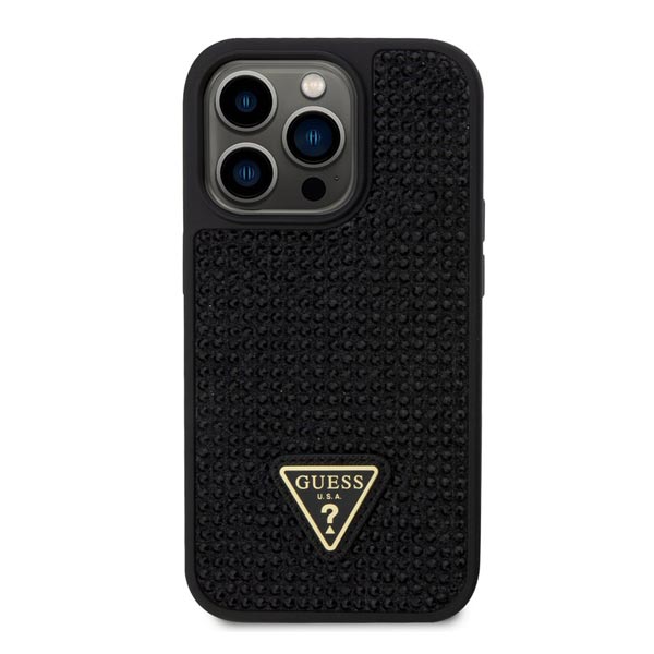 Guess Rhinestones Triangle Metal Logo Tok iPhone 15 Pro számára, fekete