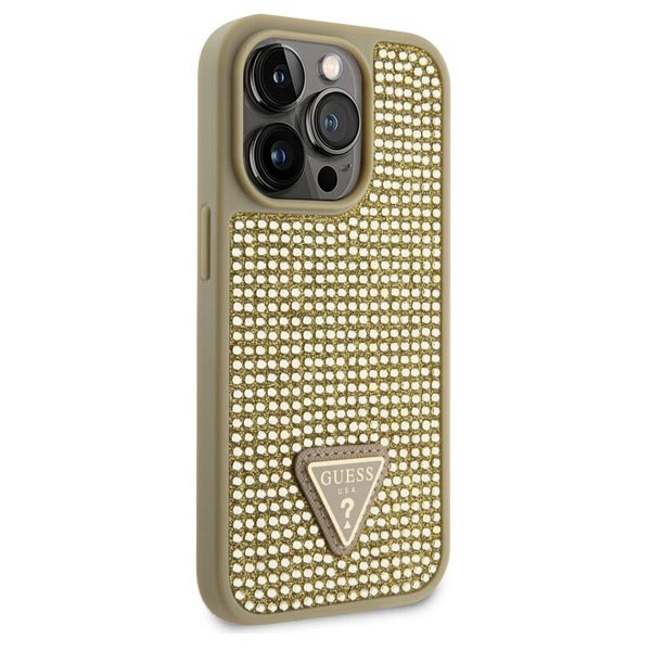 Guess Rhinestones Triangle Metal Logo Tok iPhone 15 Pro Max számára, arany Guess Rhinestones Triangle Metal Logo Tok iPhone 15 Pro Max számára, arany