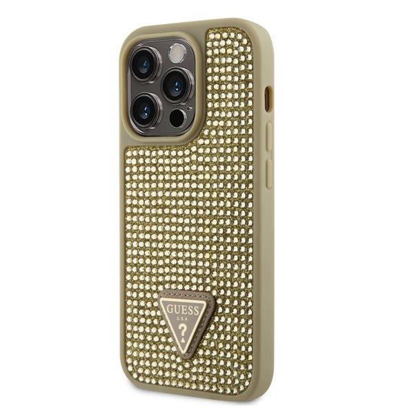 Guess Rhinestones Triangle Metal Logo Tok iPhone 15 Pro Max számára, arany Guess Rhinestones Triangle Metal Logo Tok iPhone 15 Pro Max számára, arany