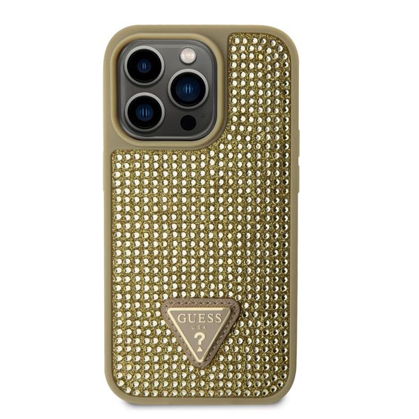 Guess Rhinestones Triangle Metal Logo Tok iPhone 15 Pro Max számára, arany Guess Rhinestones Triangle Metal Logo Tok iPhone 15 Pro Max számára, arany