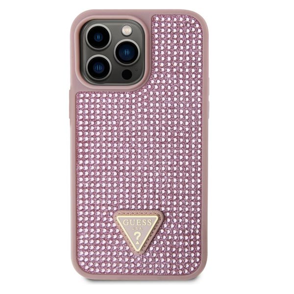 Guess Rhinestones Triangle Metal Logo Tok iPhone 15 Pro Max számára, rózsaszín