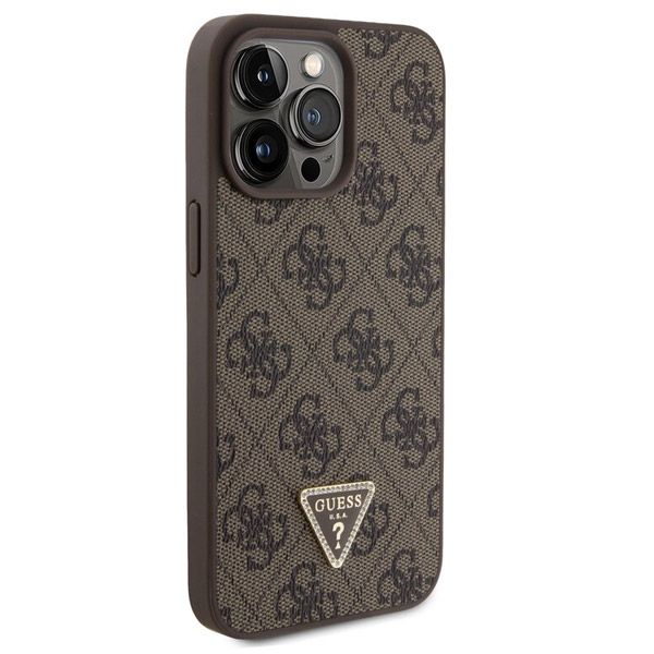 Guess PU 4G Strass Triangle Metal Logo Hátlapi tok iPhone 15 Pro Max számára, barna Guess PU 4G Strass Triangle Metal Logo Hátlapi tok iPhone 15 Pro Max számára, barna