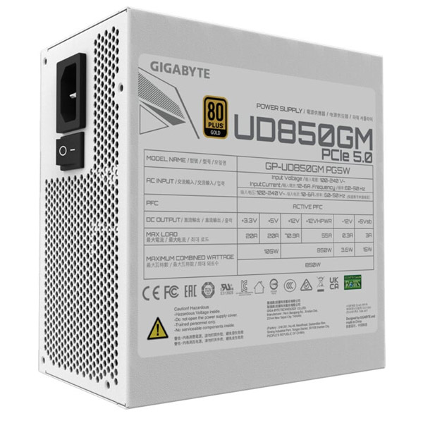 Gigabyte Tápegység UD850GM PG5W 850 W 80 Plus GOLD, moduláris, fehér Gigabyte Tápegység UD850GM PG5W 850 W 80 Plus GOLD, moduláris, fehér