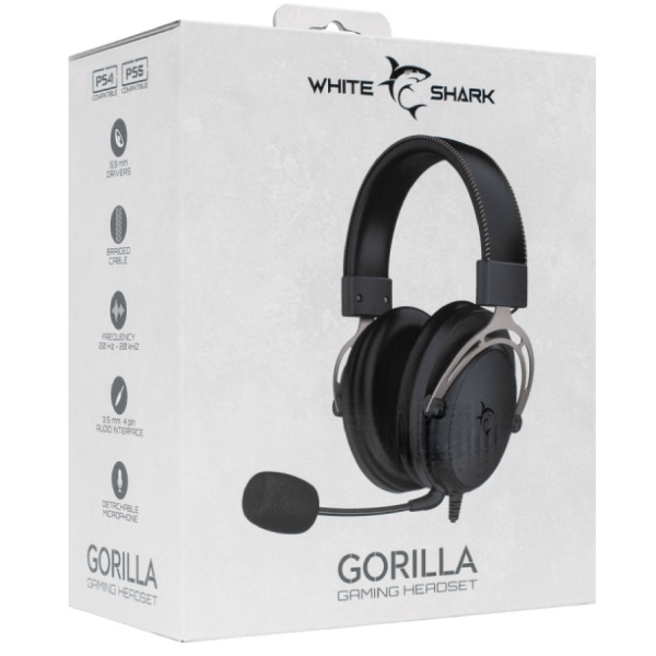 White Shark játékos fülhallgató mikrofonnal GORILLA, PC, PS4/PS5, Xbox, MAC, fekete/szürke White Shark játékos fülhallgató mikrofonnal GORILLA, PC, PS4/PS5, Xbox, MAC, fekete/szürke