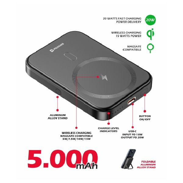 Swissten Powerbank 20 W 5000 mAh (MagSafe kompatibilis), PD, fekete Swissten Powerbank 20 W 5000 mAh (MagSafe kompatibilis), PD, fekete