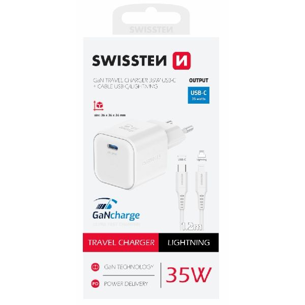 SWISTEN hálózati adapter 1x USB-C 35 W PD, fehér + adatkábel USB-C/lightning 1,2 m, fehér SWISTEN hálózati adapter 1x USB-C 35 W PD, fehér + adatkábel USB-C/lightning 1,2 m, fehér