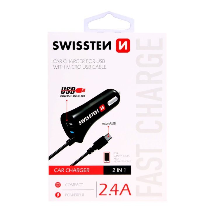 Autós töltő Swissten 2.4A beépített Micro-USB kábellel és USB konnektorral Autós töltő Swissten 2.4A beépített Micro-USB kábellel és USB konnektorral