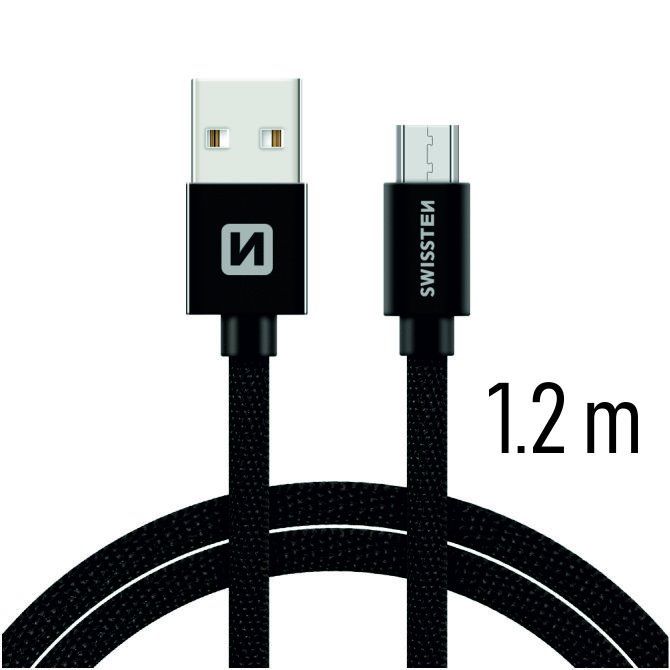 Adatkábel Swissten textilMicro-USB konnektorral és gyorstöltés támogatással 1,2 m, fekete Adatkábel Swissten textilMicro-USB konnektorral és gyorstöltés támogatással 1,2 m, fekete
