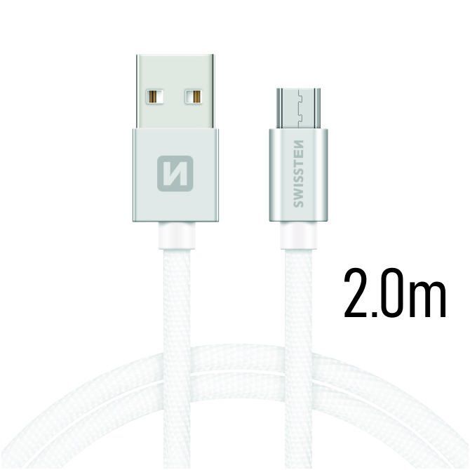 Adatkábel Swissten textilMicro-USB konnektorral és gyorstöltés támogatással 2 m, ezüst Adatkábel Swissten textilMicro-USB konnektorral és gyorstöltés támogatással 2 m, ezüst