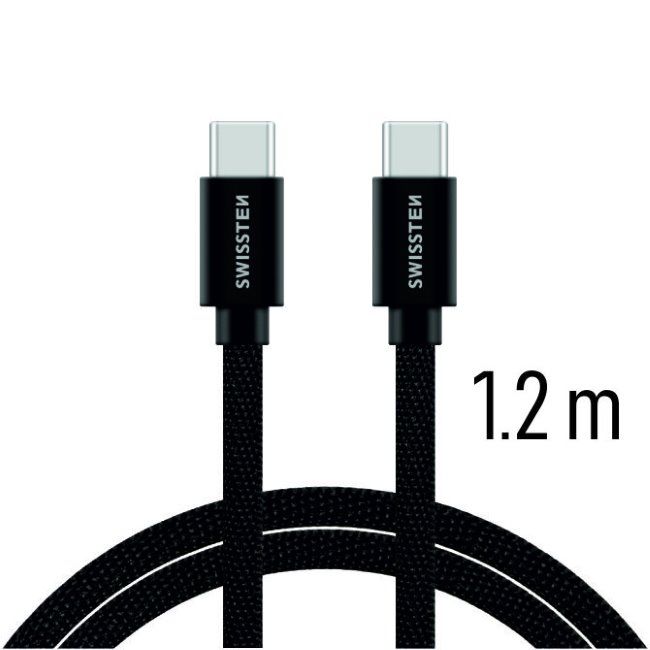 Adatkábel Swissten textil s USB-C konnektorral és gyorstöltés támogatással 1,2 m, fekete Adatkábel Swissten textil s USB-C konnektorral és gyorstöltés támogatással 1,2 m, fekete