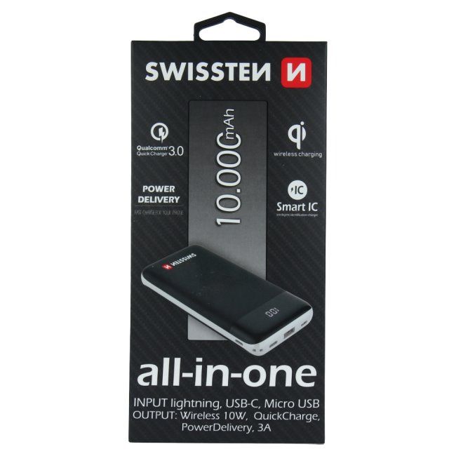 Powerbank Swissten All-In-One 10.000 mAh, fekete Powerbank Swissten All-In-One 10.000 mAh, fekete