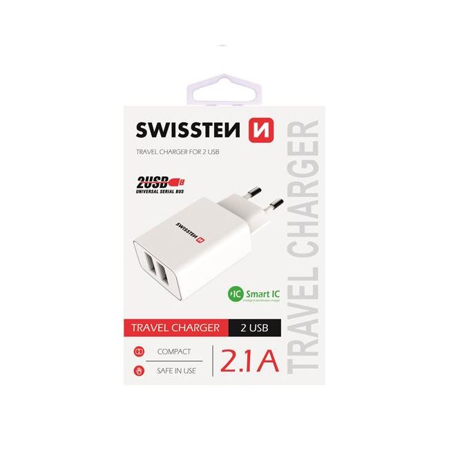 Töltő Swissten Smart IC 2.1A 2 USB konektorral, fehér Töltő Swissten Smart IC 2.1A 2 USB konektorral, fehér